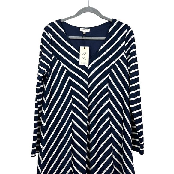 Crescent Womens Shift Dress Striped V Neck Lined Long Sleeves Blue White Size M - Picture 2 of 5